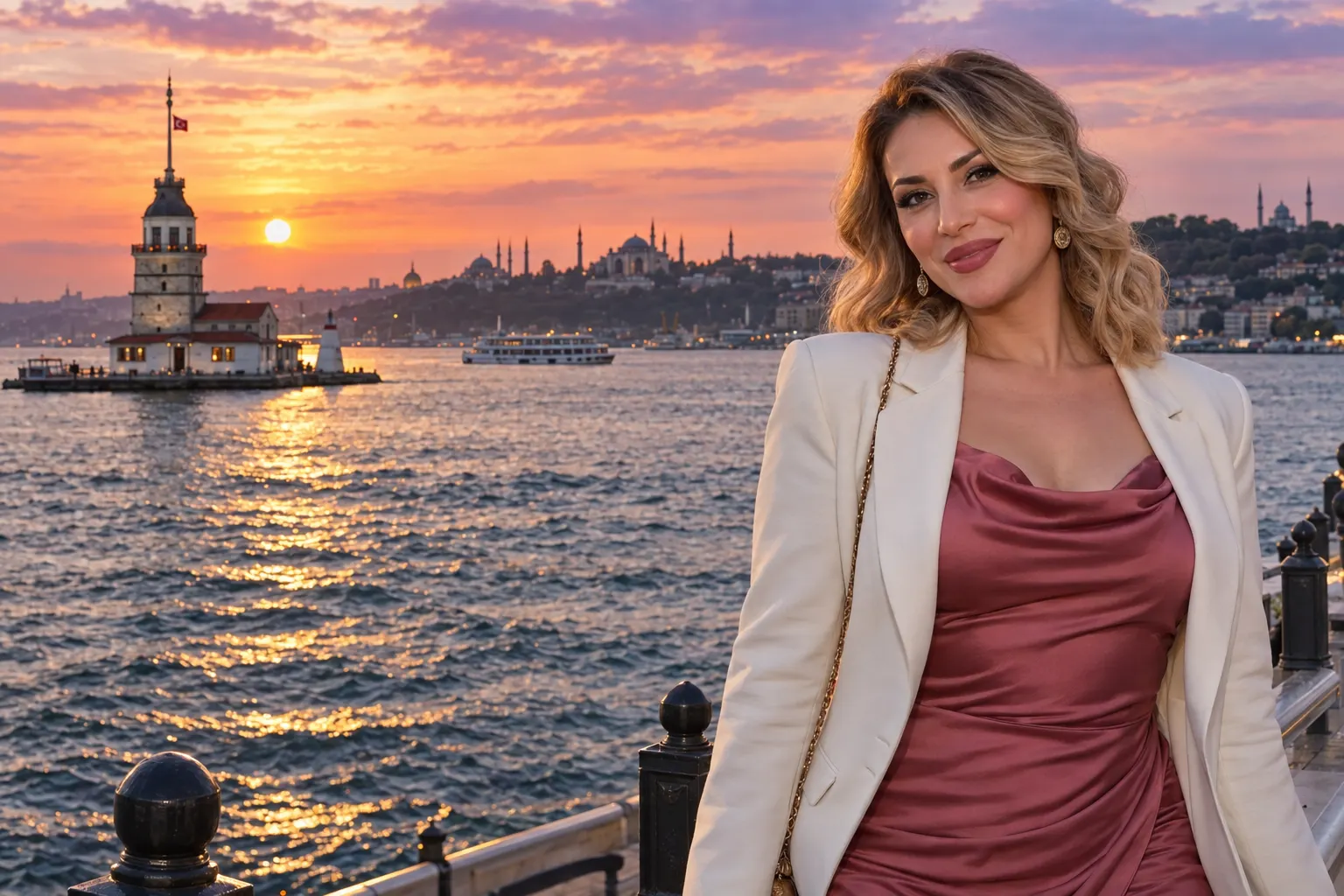Kız Kulesi manzarasında beyaz ceketli yetişkin bir kadın; yapay zekâyla oluşturulmuş kurgu karakter.